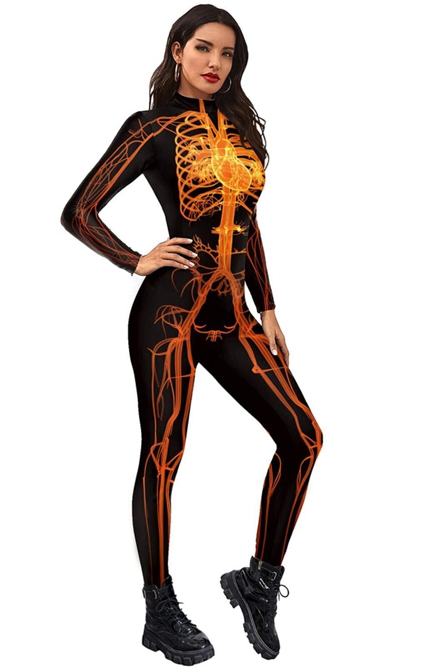 6849 Skeleton Print Jumpsuit Costume 3D Stretch Bodysuit Cosplay B142-284 L